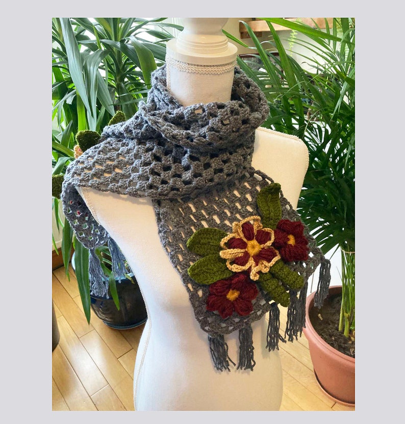 Hand crochet gray shawl with crochet flowers rectangular wrap shawl design design shawl 1 unique item 1qty image 5