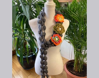 Gray shawl with crochet multy color flowers neck garland shawl necklace - boho style woman accessories -1qty