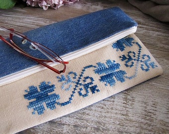 Hand Embroidered Denim Clutch: Linen Bohemian Bag