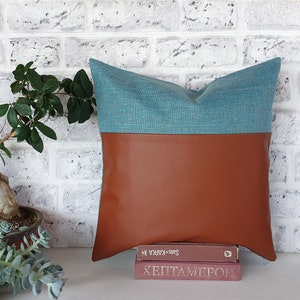 Ready to ship 2/3 cognac faux leather and 1/3 turquoise linen look fabric pillow cover 16 x16 inch 41x41cm 1 qty image 1