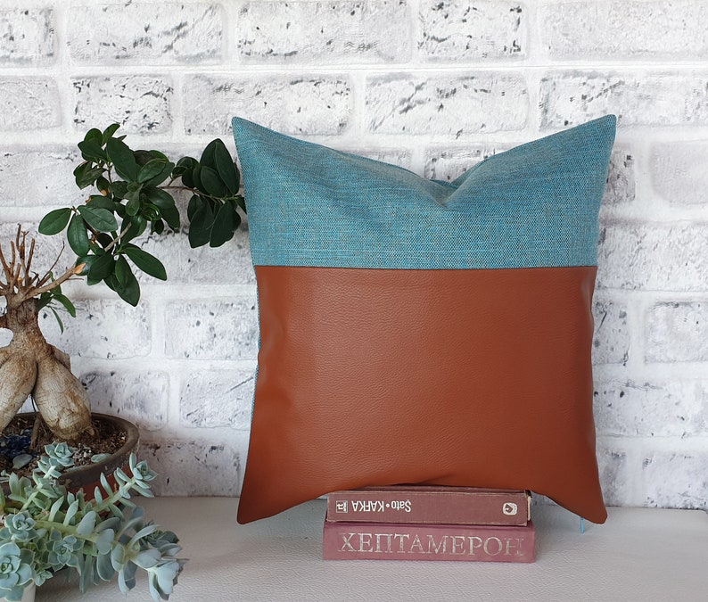 Ready to ship 2/3 cognac faux leather and 1/3 turquoise linen look fabric pillow cover 16 x16 inch 41x41cm 1 qty image 1