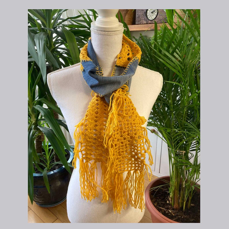 Boho style blue denim hand crochet yellow shawl rectangular wrap shawl design design shawl 1 unique item 1qty image 1