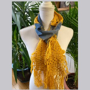 Boho style blue denim hand crochet yellow shawl rectangular wrap shawl design design shawl 1 unique item 1qty image 2