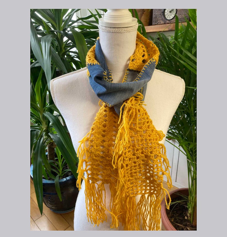 Boho style blue denim hand crochet yellow shawl rectangular wrap shawl design design shawl 1 unique item 1qty image 2