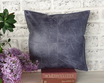 Ready to ship/Four-piece design smoky blue color faux leather look fabric pillow cover 16x16 inch -1pcs