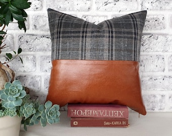 Ready to ship/Half black faux leather and half gray polyester plaid linen look fabric pillow cover -16x16inch(42x42cm) -1 pcs