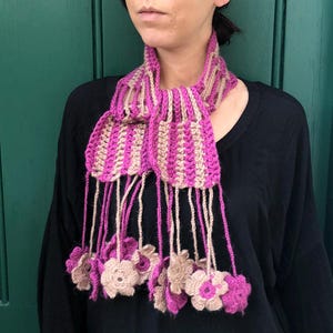 Crochet Flower Scarf: Handmade Beige-Pink Pastel Shawl
