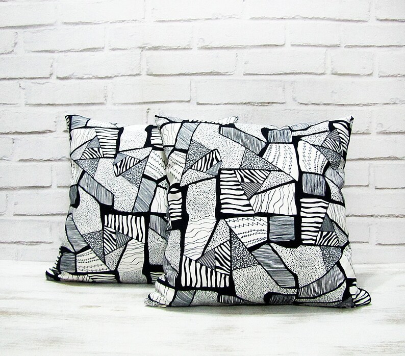 Ready to ship/Two cotton pillows black white abstract pattern image 2