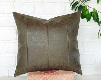 Ready to ship /Zen olive green leather look fabric pillow cover-four vertical pieces with decorative stitches 16x15 inch -1qty