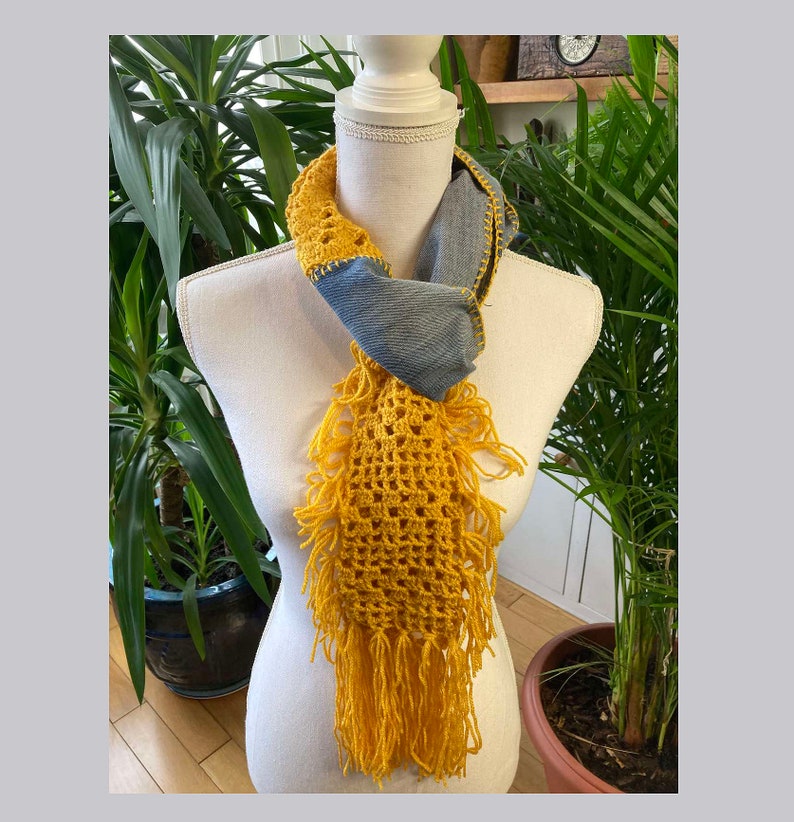 Boho style blue denim hand crochet yellow shawl rectangular wrap shawl design design shawl 1 unique item 1qty image 3