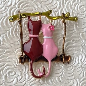 Adorable two cats on a swing  vintage style brooch / pendant
