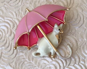 Schattige kat onder de paraplu broche en hanger in vintage stijl