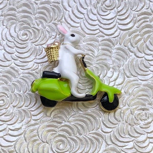 Vintage style style bunny on scooter brooch