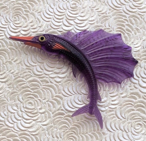 Unique vintage celluloid plastic sailfish brooch