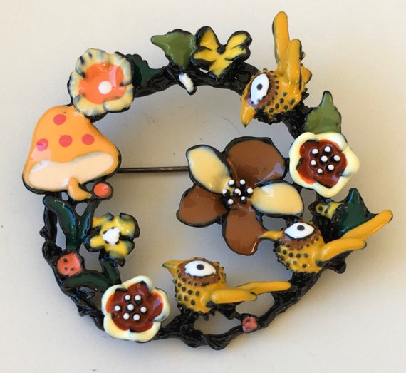 Unique wreath  birds mushroom flower brooch in enamel on metal 