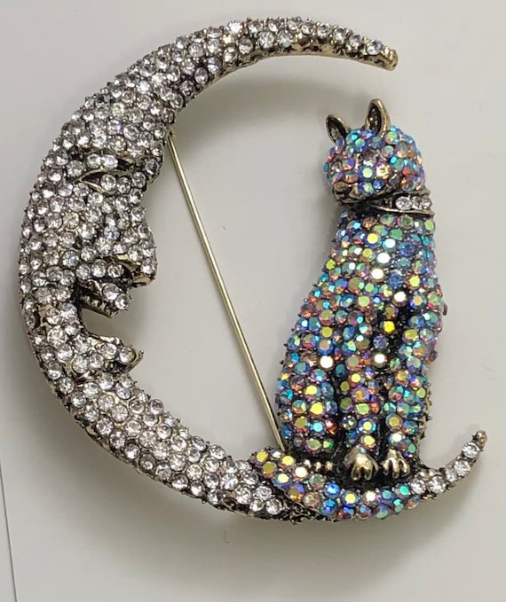 Cat vintage style oversized brooch crescent moon … - image 3