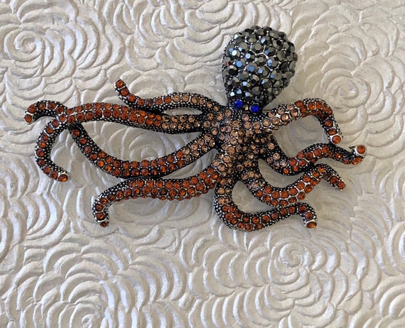 Unique large crystal octopus  vintage style brooch - image 3