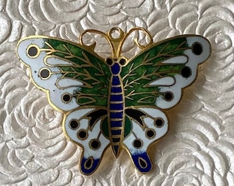 アンティーク中国製七宝焼き蝶のブローチ、フィリグリーエナメル