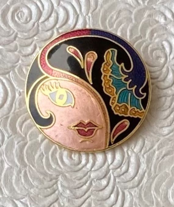 Art Deco style lady cloisonne vintage brooch - image 1