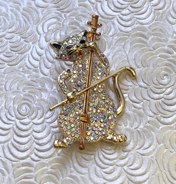 Vintage style cat playing cello brooch - image 1
