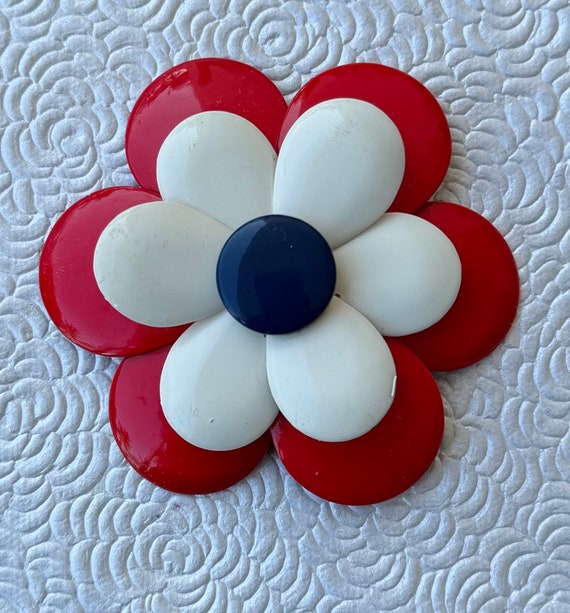 Vintage red white and blue   flower brooch