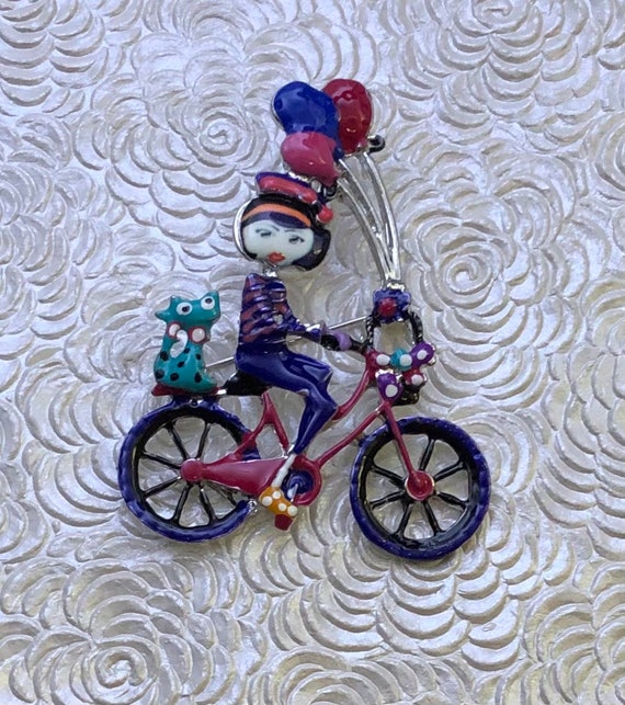 Vintage style lady on bicycle with dog  brooch