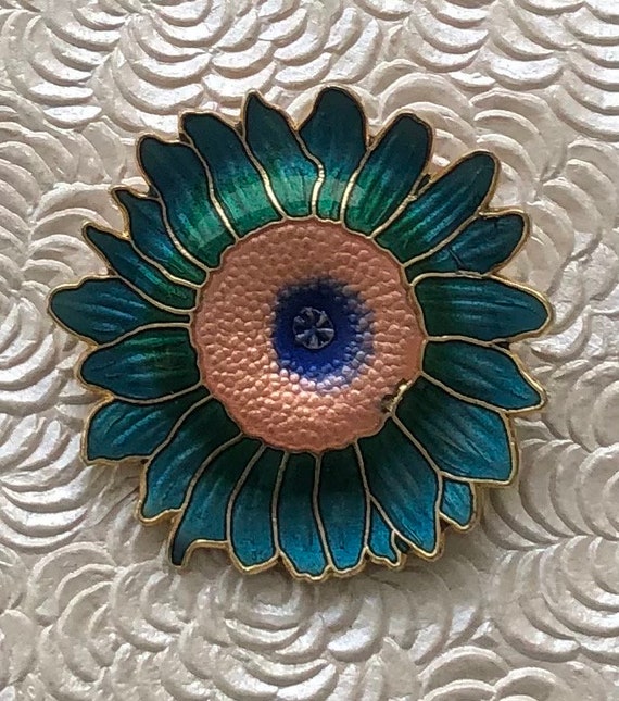 Vintage cloisonne sunflower  brooch