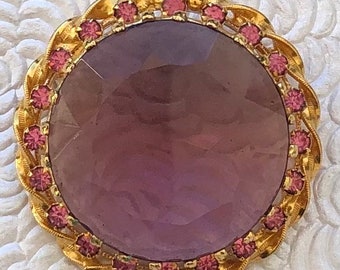 Broche vintage ronde en verre à facettes avec fleurs