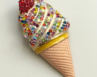 Adorable Vintage Style Ice Cream with Strawberry Cone Large Pendant & Brooch