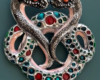 Vintage style snake / enamel on stamped silver tone metal brooch