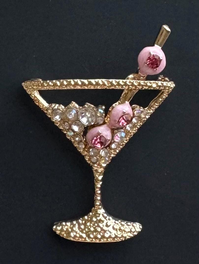 Unique  vintage style martini glass with olives brooch