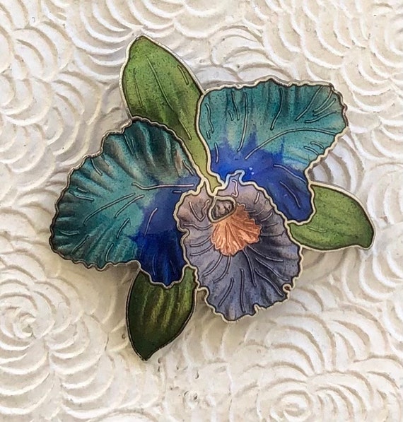 Vintage cloisonne orchid  brooch