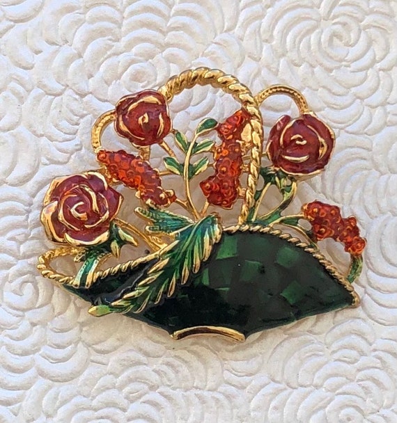 Vintage basket of flowers   brooch - image 1