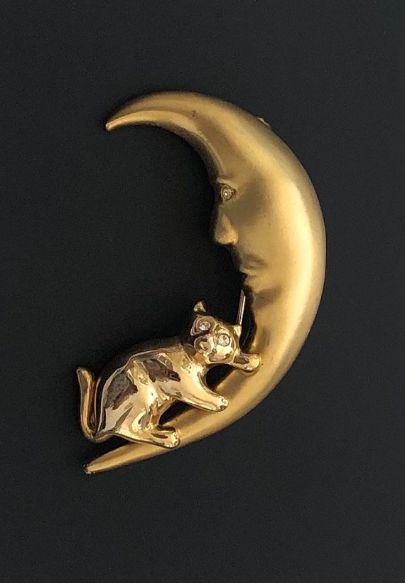 Cat on  crescent moon  vintage brooch