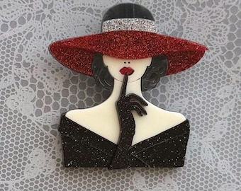 Einzigartige Dame mit Hut Brosche im Vintage Stil