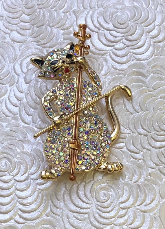 Vintage style cat playing cello brooch - image 5
