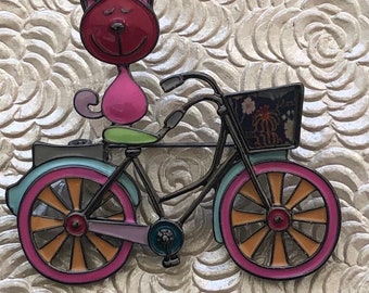 Unique vintage style cat on bicycle brooch