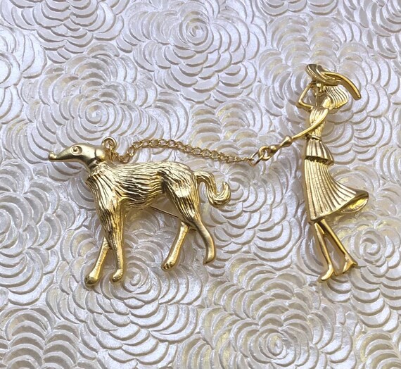 Unique Vintage Style Lady Walking Dog Brooch Etsy