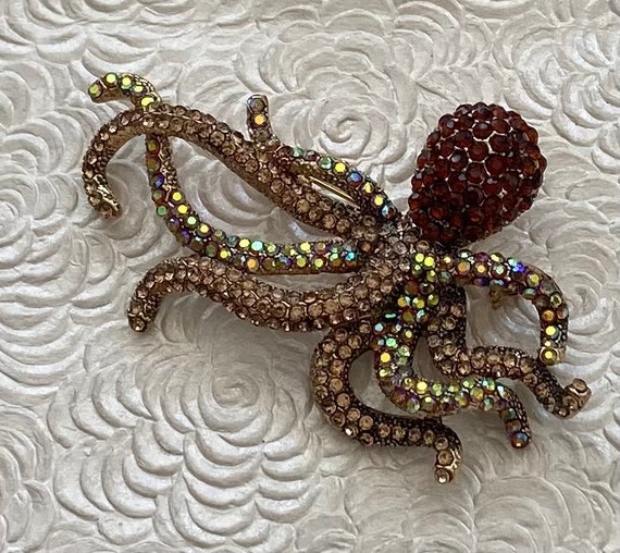 Unique large crystal octopus  vintage style brooch - image 1