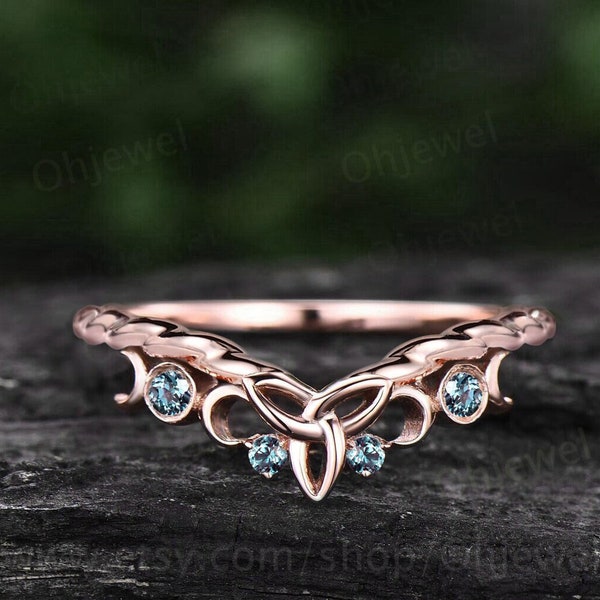 Curved Alexandrite wedding band solid 14k rose gold chevron four stone moon Celtic knot eternity stacking Twisted wedding ring band women