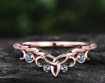 Geschwungener Alexandrit Ehering massiv 14k Roségold Chevron vier Stein Mond Keltischer Knoten Eternity Stacking Gedrehter Ehering Band Frauen