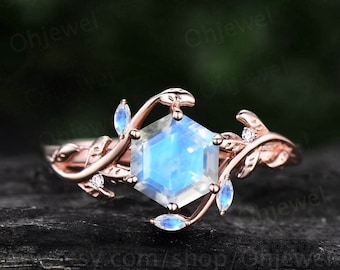 Vintage Hexagon Labradorite Engagement Ring Leaf Flower Ring