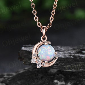 Vintage round white opal necklace 14k rose gold Personalized dainty moon cluster diamond unique Pendant women birthday anniversary gift