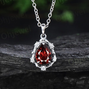 Pear red garnet necklace vintage 14k white gold halo leaf vine branch art deco diamond Pendant women January birthstone anniversary gift