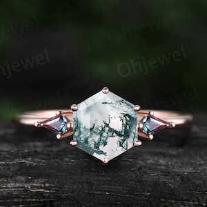 7mm Hexagon cut green moss agate ring rose gold vintage kite cut alexandrite ring dainty unique engagement ring promise bridal ring women