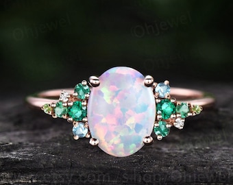 Vintage opal emerald engagement ring rose gold cluster snowdrift peridot topaz ring women gemstone ring unique bridal promise wedding ring