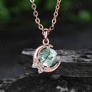 Vintage round cut green moss agate necklace 14k rose gold Personalized moon cluster diamond unique Pendant women anniversary gift for her