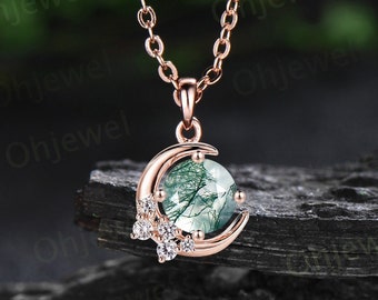 Vintage round cut green moss agate necklace 14k rose gold Personalized moon cluster diamond unique Pendant women anniversary gift for her