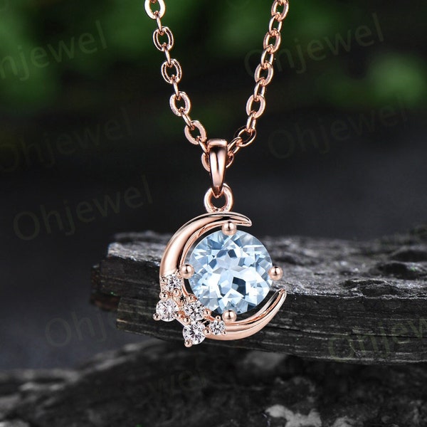 1ct Round aquamarine necklace solid 14k rose gold unique moon necklace cluster moissanite Pendant women anniversary gift March birthstone