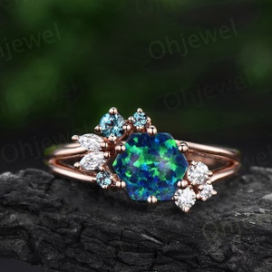 Hexagon black opal ring vintage rose gold cluster 6 prong split shank unique engagement ring women diamond alexandrite ring genstone gift